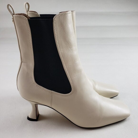 Sam Edelman Lani Chelsea Boot Womens 8 Cream Black Leather Pull On Ankle Heeled - Picture 5 of 15
